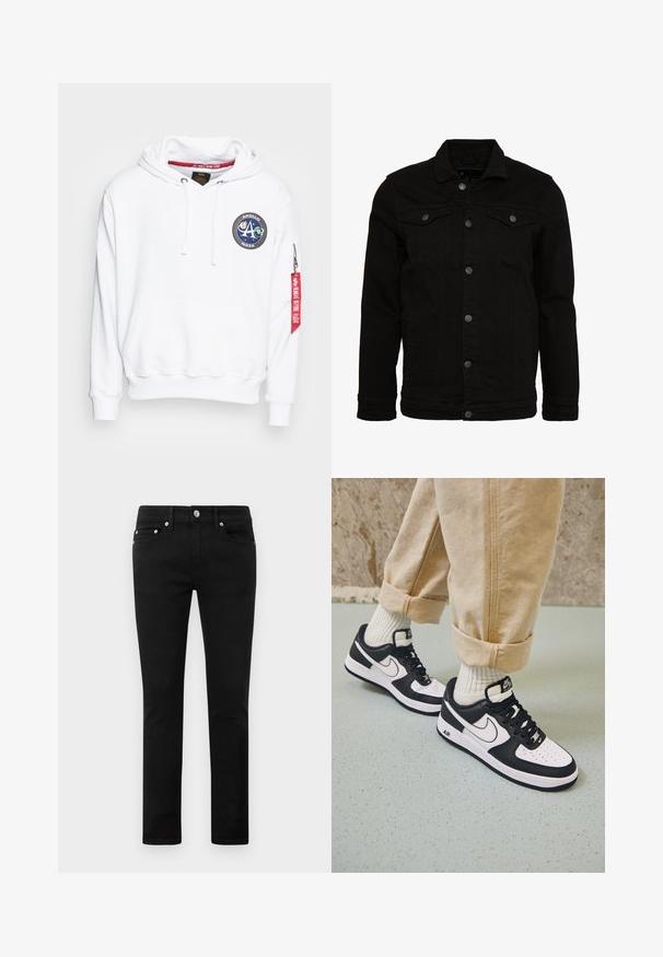 Čierna džínsová bunda s klasickým dizajnom, vybavená gombíkmi, dvoma vreckami na hrudi a mierne textúrovaným povrchom.; Alpha Industries MISSION HOODY - Mikina s kapucňou - white; Čierne slim-fit džínsy s piatimi vreckami, kovovým gombíkom a pútkami na opasok, vystavené na bielom pozadí.; Čierno-biele tenisky Nike Air Force 1 s koženým zvrškom, perforovanou špičkou a textúrovanou podrážkou, kombinované s ohrnutými béžovými nohavicami a bielymi ponožkami.