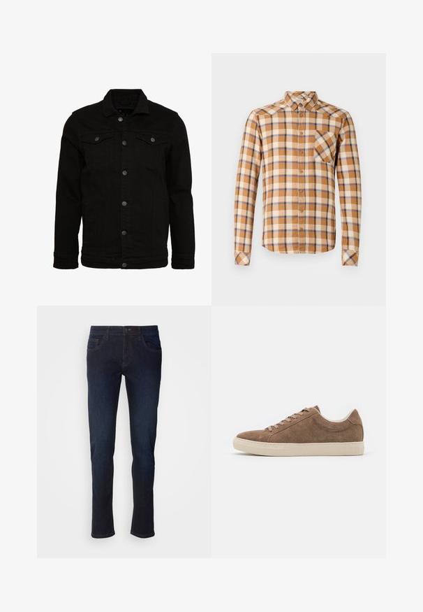 Schwarze Jeansjacke mit klassischem Design, ausgestattet mit Knopfverschluss, zwei Brusttaschen und einer leicht strukturierten Oberfläche.; Kariertes Hemd in Braun, Creme und Blau, mit einem Button-Down-Kragen, langen Ärmeln und einer Brusttasche mit diagonaler Schnittführung.; Dunkelblaue Jeans aus Denim mit geradem Bein, ausgestattet mit Fronttaschen, einem Reißverschluss und dezenten Nähdetails.; Braune Wildleder-Sneaker für die Freizeit mit niedrigem Profil, flacher beige Gummisohle und sechs Schnürlöchern. Abgerundete Zehenform und minimalistisches Design.