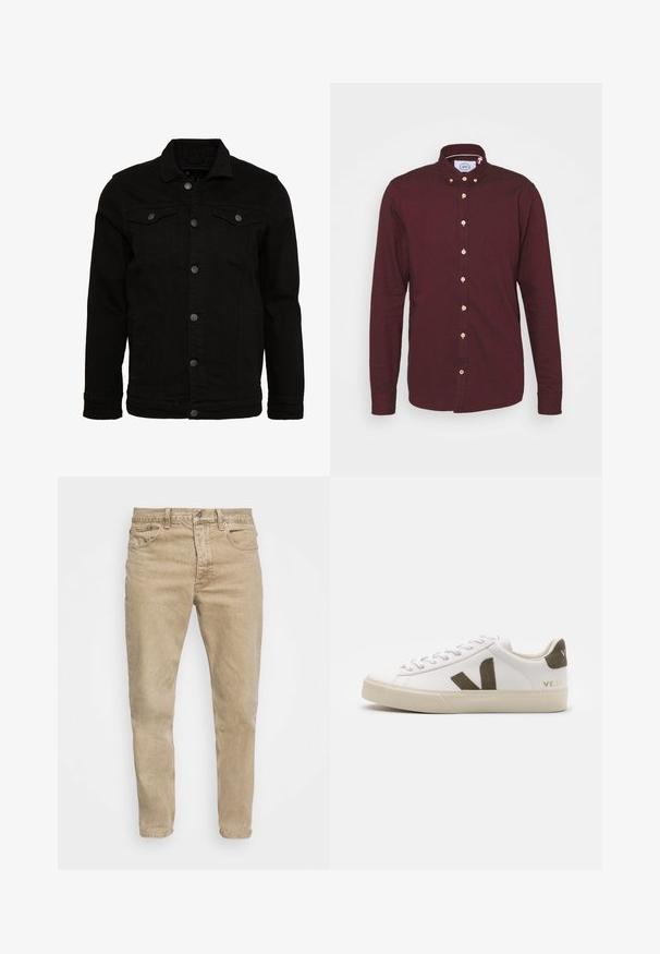 Zwarte denimjas met een klassiek design, voorzien van knoopsluitingen, twee borstzakken en een licht gestructureerd oppervlak.; Bordeaux langemouwen shirt met button-down kraag, voorzien van houten knopen en een gladde textuur. Geen zichtbare patronen of accenten.; Beige denim jeans met een klassieke snit, vijf-pocket ontwerp en subtiele vervaging. Voorzien van een metalen knoop en rits dichtingssysteem.; Witte leren sneakers met een lichtbeige rubberen zool. Voorzien van een bruine suède V-logo en hieltab. Gespsluiting met een gestructureerd oppervlak.