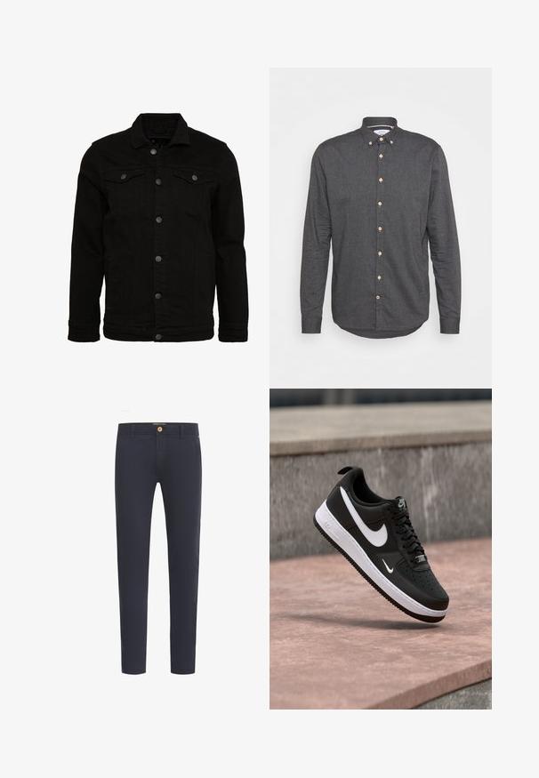 Sort denimjakke med et klassisk design, der har knaplukninger, to brystlommer og en let tekstureret overflade.; Mørkegrå skjorte med knapper foran, lavet af struktureret stof med lange ærmer, spidse kraver og træknapper ned ad foran.; Marineblå bukser lavet af glat stof, med almindelig pasform, fem-lomme design og foran knaplukning.; Sort-hvid Nike Air Force 1 sneaker svævende over en lyserød betonflade med en grå stenbaggrund.