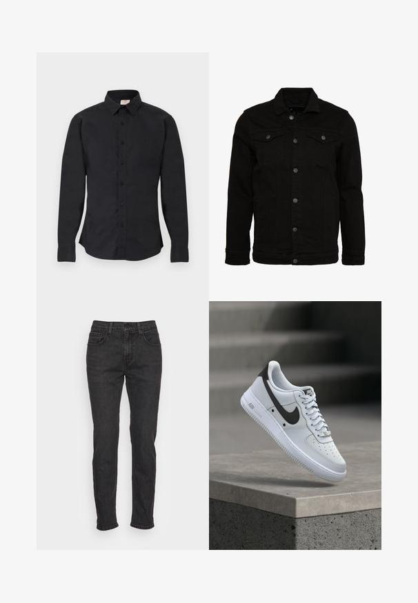 Schwarze Jeansjacke mit klassischem Design, ausgestattet mit Knopfverschluss, zwei Brusttaschen und einer leicht strukturierten Oberfläche.; Schwarzes, langärmeliges Hemd zum Knöpfen mit Kragen, geknöpften Manschetten und einem kleinen Logo auf der linken Brustseite, auf einer flachen Oberfläche dargestellt.; Schwarze Denim-Jeans mit schlankem Schnitt, ausgestattet mit fünf Taschen, Gürtelschlaufen und subtilen Stitching-Details. Abgenutzte Textur entlang des Stoffes.; Weißer Nike Air Force 1 Sneaker mit schwarzem Swoosh-Logo, der über einer Betonvorsprung mit unscharfen Treppen im Hintergrund schwebt.