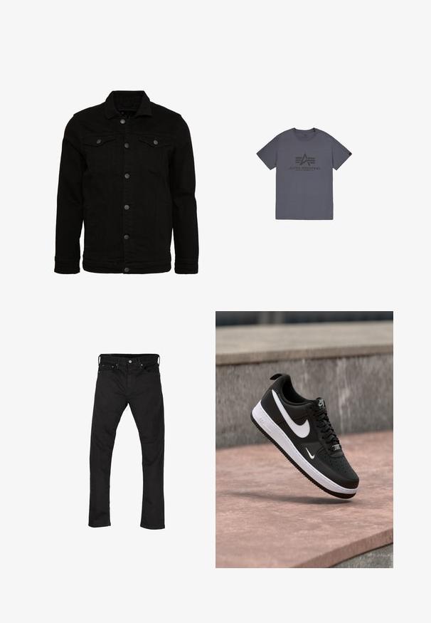 Sort denimjakke med et klassisk design, der har knaplukninger, to brystlommer og en let tekstureret overflade.; Grå bomulds t-shirt med rund hals, med et sort trykt logo-design foran. Korte ærmer og almindelig pasform.; Sorte denim jeans med lige ben-design, fem-lomme stil og metalknaplukning. Glat tekstur og ensartet farve hele vejen igennem.; Sort-hvid Nike Air Force 1 sneaker svævende over en lyserød betonflade med en grå stenbaggrund.