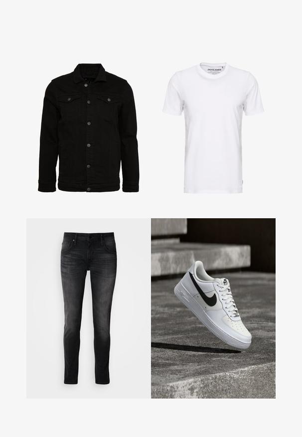Schwarze Jeansjacke mit klassischem Design, ausgestattet mit Knopfverschluss, zwei Brusttaschen und einer leicht strukturierten Oberfläche.; Weißes T-Shirt mit kurzen Ärmeln aus Baumwolle, mit Rundhalsausschnitt und einem schlichten Design. Markentag im Nackenbereich sichtbar. Keine Muster oder Verzierungen.; Schwarze Denim-Jeans im Slim-Fit-Schnitt, mit fünf Taschen, dezentem Used-Look und Kontrastnähten. Ausgestattet mit klassischem Metallknopf und Reißverschluss.; Weißer Nike Air Force 1 Sneaker mit schwarzem Swoosh, geschnürten Schnürsenkeln, schwebend in der Luft über einer strukturierten Betonoberfläche im Freien.
