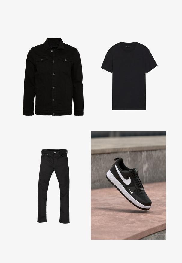 Schwarze Jeansjacke mit klassischem Design, ausgestattet mit Knopfverschluss, zwei Brusttaschen und einer leicht strukturierten Oberfläche.; Schwarzes Baumwoll-T-Shirt mit kurzen Ärmeln und rundem Ausschnitt. Der Stoff hat eine glatte Textur und ein einfaches, schlichtes Design.; Schwarze Denim-Jeans mit geradem Bein, im Fünf-Taschen-Stil und mit Metallknopfverschluss. Glatte Textur und einheitliche Farbe im gesamten Material.; Schwarz-weißer Nike Air Force 1 Sneaker, der über einer rosa Betonfläche mit grauem Stein-Hintergrund schwebt.