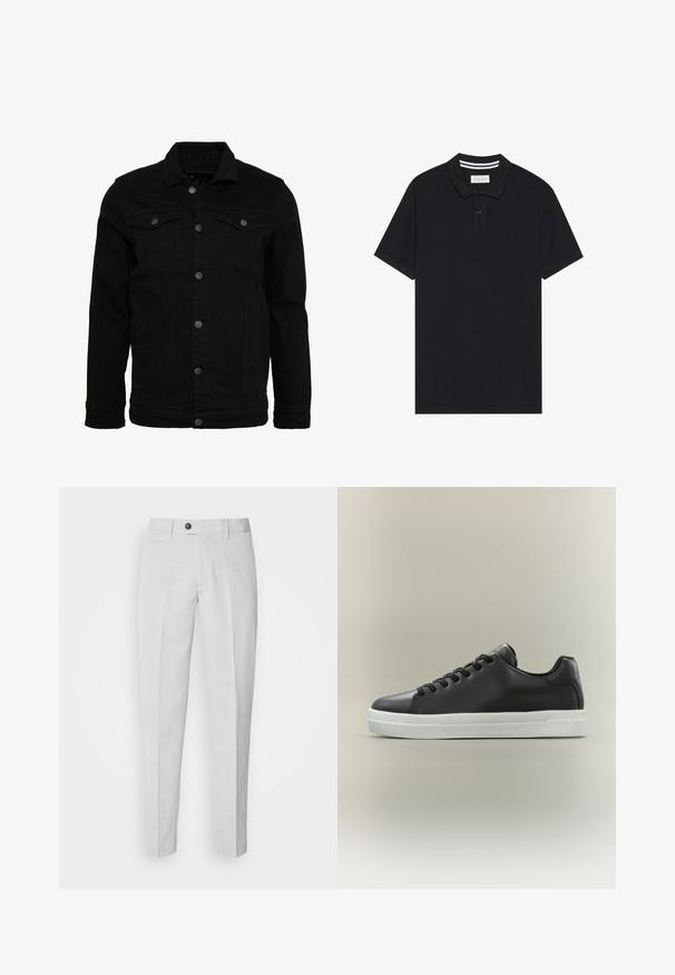 Veste en denim noir au design classique, dotée de fermetures à boutons, de deux poches poitrine et d'une surface légèrement texturée.; Polo noir en coton, doté d'une patte de boutonnage à trois boutons, de manches courtes et d'un col rayé contrastant.; Pantalon gris clair en tissu texturé, avec une fermeture bouton, une taille plate et des jambes fuselées pour un ajustement épuré.; Baskets basses en cuir noir avec lacets noirs et semelle en caoutchouc blanche sur fond neutre, vue de côté.