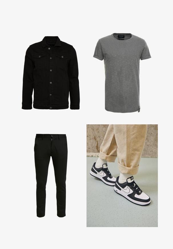 Sort denimjakke med et klassisk design, der har knaplukninger, to brystlommer og en let tekstureret overflade.; Grå kortærmet t-shirt lavet af blødt, tekstureret stof. Har en rund halsudskæring og et diskret meleret mønster, med et mærketag på siden.; Sorte slim-fit bukser lavet af et blødt stof. Har lynlås og knaplukning, med to sidelommer og en ren, glat tekstur.; Sorte og hvide Nike Air Force 1 sneakers med læderoverdel, perforeret tå og tekstureret såldetalje, båret med rullede beige bukser og hvide sokker.