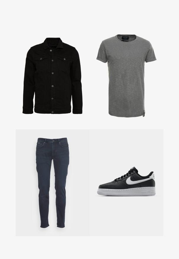 Sort denimjakke med et klassisk design, der har knaplukninger, to brystlommer og en let tekstureret overflade.; Grå kortærmet t-shirt lavet af blødt, tekstureret stof. Har en rund halsudskæring og et diskret meleret mønster, med et mærketag på siden.; Mørkeblå jeans i slim fit-design. Fremstillet af denim, med knap- og lynlåslukning, fem lommer og subtile stikninger.; Sort lædersneaker med tekstureret overflade, hvid Nike swoosh, grå sål, rund tå og snørebåndsdesign. Har perforeringer på tåboksen.