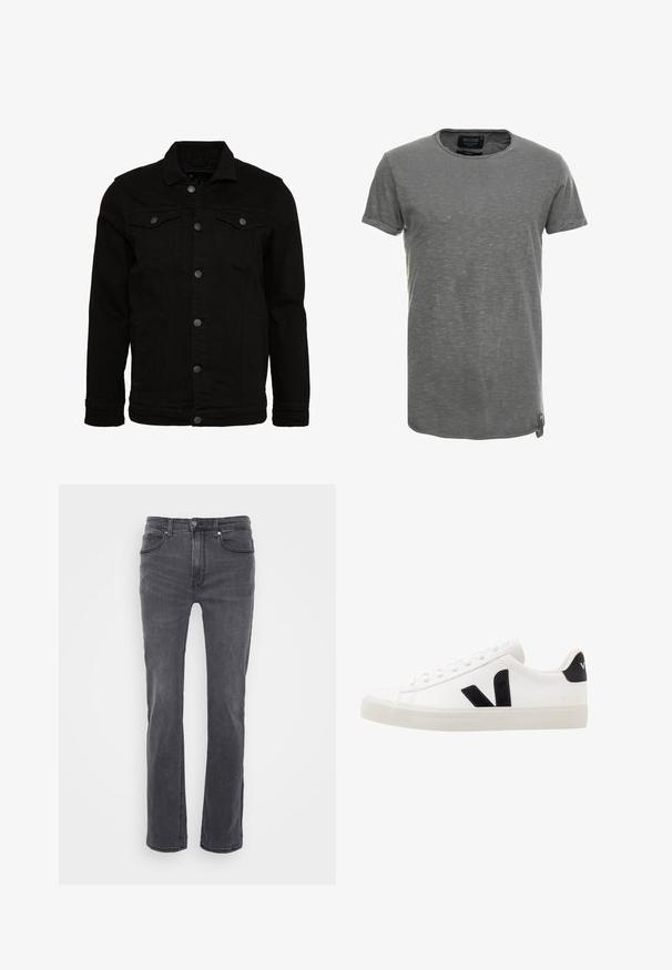 Schwarze Jeansjacke mit klassischem Design, ausgestattet mit Knopfverschluss, zwei Brusttaschen und einer leicht strukturierten Oberfläche.; Graues Kurzarm-T-Shirt aus weichem, strukturiertem Stoff. Es hat einen runden Halsausschnitt und ein dezentes meliert Muster, mit einem Markenetikett an der Seite.; Graue Denim-Jeans mit geradem Schnitt, ausgestattet mit Fronttaschen und einem klassischen Knopfverschluss. Glatte Textur mit subtiler Ausbleichung.; Weiße Leder-Sneaker mit schwarzen Wildlederelementen; verfügen über eine Gummisohle, eine runde Spitze und ein klassisches Schnürdesign. Seitliches Logo in Schwarz.