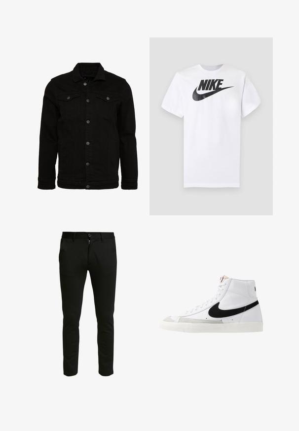 Zwarte denimjas met een klassiek design, voorzien van knoopsluitingen, twee borstzakken en een licht gestructureerd oppervlak.; Wit T-shirt met korte mouwen met zwart Nike-logo en swoosh gecentreerd op de borst tegen een effen grijze achtergrond.; Zwarte, slim-fit broek van een zachte stof. Voorzien van een ritssluiting en knoopsluiting, met twee zijzakken en een schone, gladde textuur.; Witte hoge sneakers met een zwarte swoosh, textuur grijze neus en een vlakke witte zool. Kenmerkt zes veteropeningen en gestikte accenten.