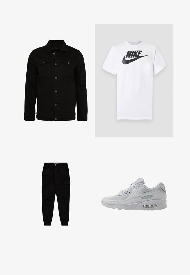 Mustern mustern sinine teksajakk klassikalise disainiga, nupuvääristustega, kahe rinna taskuga ja kergelt tekstureeritud pinnaga.; Valge lühikeste varrukatega T-särk, millel on must Nike'i logo ja keskel rinnal asuv swoosh, halli ühevärvilise tausta ees.; Mustad puuvillased cargo püksid, millel on kaks eespool asuvat taskut ja kaks küljetaskut, elastsete mansettide ja vöökohaga.; Hallikas hall Nike Air Max 90 tennisejalats, mis on valmistatud võrk- ja nahamaterjalist, millel on ümarad paelad, pehmendatud kaelus ja nähtav õhkpadjand põhjas.