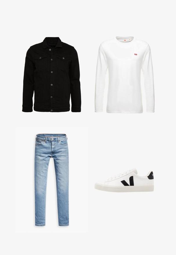 Sort denimjakke med et klassisk design, der har knaplukninger, to brystlommer og en let tekstureret overflade.; Hvid langærmet t-shirt lavet af bomuld, med en rund halsudskæring og et lille rødt Levi's logo på brystet. Enkel, klassisk design.; Lyseblå denimbukser, lige pasform, fem-lomme design, med lynlås og knaplukning. Glat tekstur med subtile falmede detaljer.; Hvide lædersneakers med sorte ruskindsdetaljer; har en gummisål, rund tå og klassisk snørebåndsdesign. Side logo i sort.