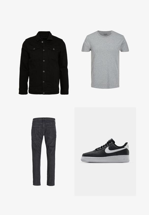 Schwarze Jeansjacke mit klassischem Design, ausgestattet mit Knopfverschluss, zwei Brusttaschen und einer leicht strukturierten Oberfläche.; Grau T-Shirt mit kurzen Ärmeln aus weicher Baumwolle. Mit klassischem Rundhalsausschnitt und normaler Passform. Einfaches Design ohne Muster oder Akzente.; Dunkelgraue Jeans mit geradem Bein, von hinten gezeigt, mit zwei Gesäßtaschen und Gürtelschlaufen am Bund.; Schwarze Ledersneaker mit strukturierten Oberflächen, weißem Nike-Swoosh, grauer Sohle, runder Zehenpartie und Schnürdesign. Verfügt über Perforationen an der Zehenbox.