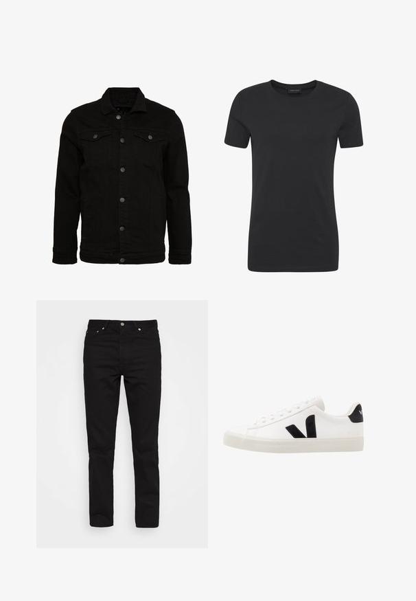 Sort denimjakke med et klassisk design, der har knaplukninger, to brystlommer og en let tekstureret overflade.; Sort bomulds t-shirt med rund halsudskæring, korte ærmer og regular fit. Har en glat overflade og minimalistisk design.; Sorte denimbukser med lige ben, fem lommer og metalbeslag; glat tekstur og klassisk mørk farve.; Hvide lædersneakers med sorte ruskindsdetaljer; har en gummisål, rund tå og klassisk snørebåndsdesign. Side logo i sort.