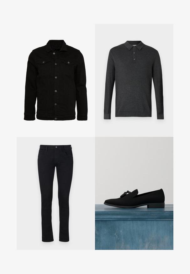 Sort denimjakke med et klassisk design, der har knaplukninger, to brystlommer og en let tekstureret overflade.; TOM TAILOR COSY - Poloshirts - black grey; Sorte slim-fit jeans i denim materiale med en glat overflade. Med fem lommer og en lynlås med knaplukning i taljen.; Sorte loafers med en glat stofoverdel, spidse tæer og dekorative frynser. Har en lav, rund hæl og et minimalistisk design.