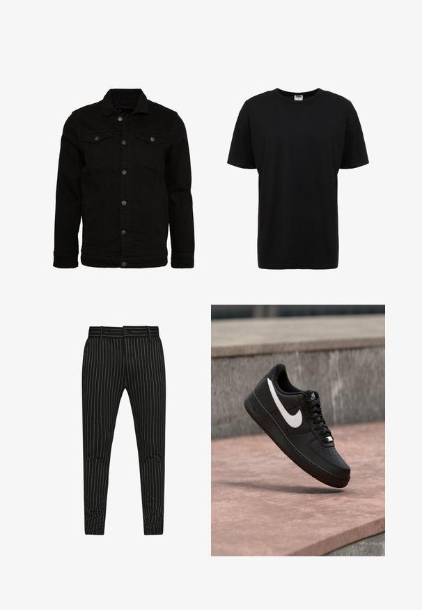 Schwarze Jeansjacke mit klassischem Design, ausgestattet mit Knopfverschluss, zwei Brusttaschen und einer leicht strukturierten Oberfläche.; Schwarzes Baumwoll-T-Shirt mit Rundhalsausschnitt, kurzen Ärmeln, normaler Passform, glatter Textur und ohne sichtbare Muster oder Akzente.; Schwarz gestreifte Hose mit vertikalen weißen Streifen, schlanker Schnitt und Knopfverschluss mit Gürtelschlaufen für eine verstellbare Passform.; Schwarzer Nike Air Force 1 Sneaker mit weißem Swoosh-Logo, der über einer Steinformation schwebt, vor einem grauen strukturierten Hintergrund.