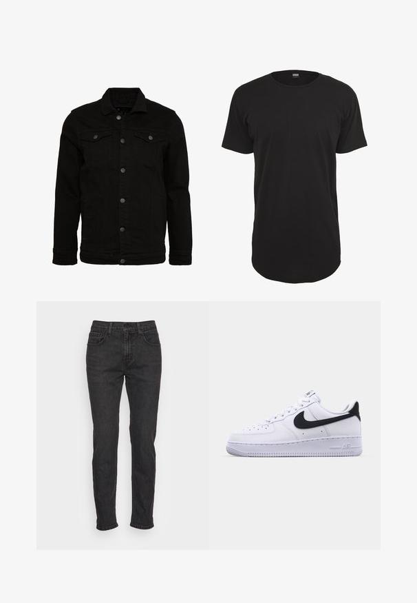 Schwarze Jeansjacke mit klassischem Design, ausgestattet mit Knopfverschluss, zwei Brusttaschen und einer leicht strukturierten Oberfläche.; Schwarzes T-Shirt mit kurzen Ärmeln aus Baumwolle. Verfügt über einen runden Halsausschnitt und einen geraden Schnitt mit einem leicht längeren Rückenbund. Weiche Textur.; Schwarze Denim-Jeans mit schlankem Schnitt, ausgestattet mit fünf Taschen, Gürtelschlaufen und subtilen Stitching-Details. Abgenutzte Textur entlang des Stoffes.; Weißes Leder-Sneaker mit einem strukturierten schwarzen Swoosh, flachen Schnürsenkeln und einer Gummisohle mit genoppetem Muster. "AIR" ist auf der Ferse eingeprägt.