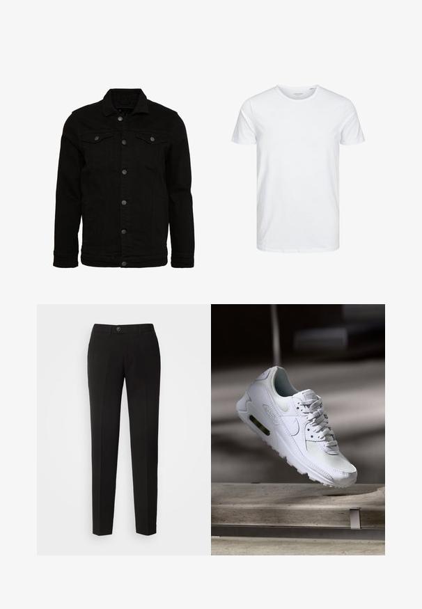 Zwarte denimjas met een klassiek design, voorzien van knoopsluitingen, twee borstzakken en een licht gestructureerd oppervlak.; Ronde hals kortemouwen t-shirt in effen wit, gemaakt van zachte katoen, heeft een eenvoudig ontwerp zonder zichtbare patronen of accenten.; Zwarte rechte broek van gladde stof, met een knoopsluiting en zijzakken in een klassiek ontwerp.; Witte Nike Air Max 90 sneaker met een bovenwerk van mesh en leer, een geperforeerde teenbox en een zichtbare luchtunit in de hiel.