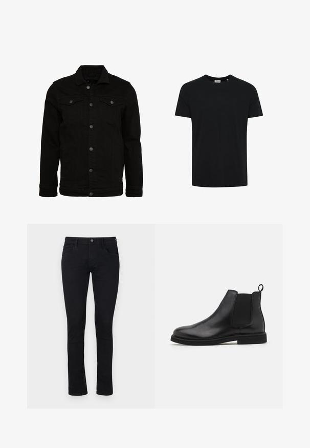 Schwarze Jeansjacke mit klassischem Design, ausgestattet mit Knopfverschluss, zwei Brusttaschen und einer leicht strukturierten Oberfläche.; Schwarzes, kurzärmliges T-Shirt mit Rundhalsausschnitt, vor weißem Hintergrund dargestellt, ohne sichtbare Logos oder Muster.; Schwarze Slim-Fit-Jeans aus Denim mit glatter Textur. Mit fünf Taschen und einem Reißverschluss sowie einem Knopfverschluss an der Taille.; Schwarze Leder Chelsea-Stiefel mit elastischen Seitenpanelen und einem Zugtab. Gerundete Zehenpartie und flache Gummisohle, die eine glatte Oberfläche zeigt.