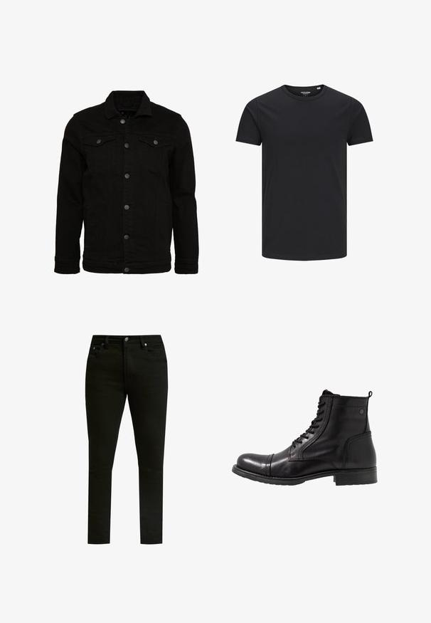 Veste en denim noir au design classique, dotée de fermetures à boutons, de deux poches poitrine et d'une surface légèrement texturée.; T-shirt en coton noir avec un col rond, des manches courtes et un design simple. Texture lisse, sans motifs ni éléments visibles.; Jean en denim noir à coupe slim, avec un design classique à cinq poches, une fermeture à bouton en métal et des détails de couture subtils.; Bottines noires en cuir avec un bout arrondi, un laçage à l'avant, des accents texturés et un petit talon épais.