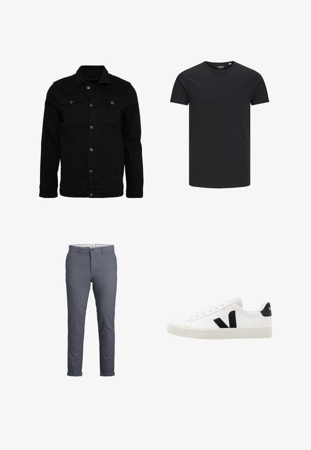Sort denimjakke med et klassisk design, der har knaplukninger, to brystlommer og en let tekstureret overflade.; Sort bomulds T-shirt med rund hals, korte ærmer og et enkelt design. Glat tekstur, ingen mønstre eller synligt tilbehør.; Herremodelleret bukser i mørkeblå hørmønster, med knaplukning, elegant design og op-rullede manchetter. Fremstillet af letvægtsstof.; Hvide lædersneakers med sorte ruskindsdetaljer; har en gummisål, rund tå og klassisk snørebåndsdesign. Side logo i sort.
