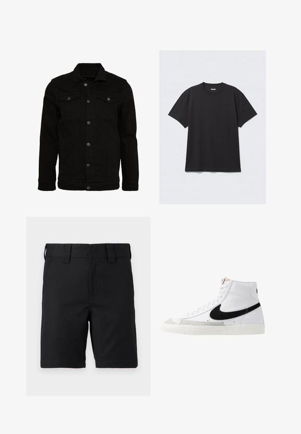 Schwarze Jeansjacke mit klassischem Design, ausgestattet mit Knopfverschluss, zwei Brusttaschen und einer leicht strukturierten Oberfläche.; Schwarzes T-Shirt mit kurzen Ärmeln aus Baumwolle. Hat einen Rundhalsausschnitt und eine lockere Passform. Einfaches Design ohne sichtbare Muster oder Akzente.; Schwarze knielange Shorts mit Gürtelschlaufen und Fronttaschen, aus robustem Stoff, auf weißem Hintergrund dargestellt.; Weiße High-Top-Sneaker mit einem schwarzen Swoosh, strukturiertem grauen Zehenkappeneinsatz und flacher weißer Sohle. Verfügt über sechs Ösen und genähte Akzente.