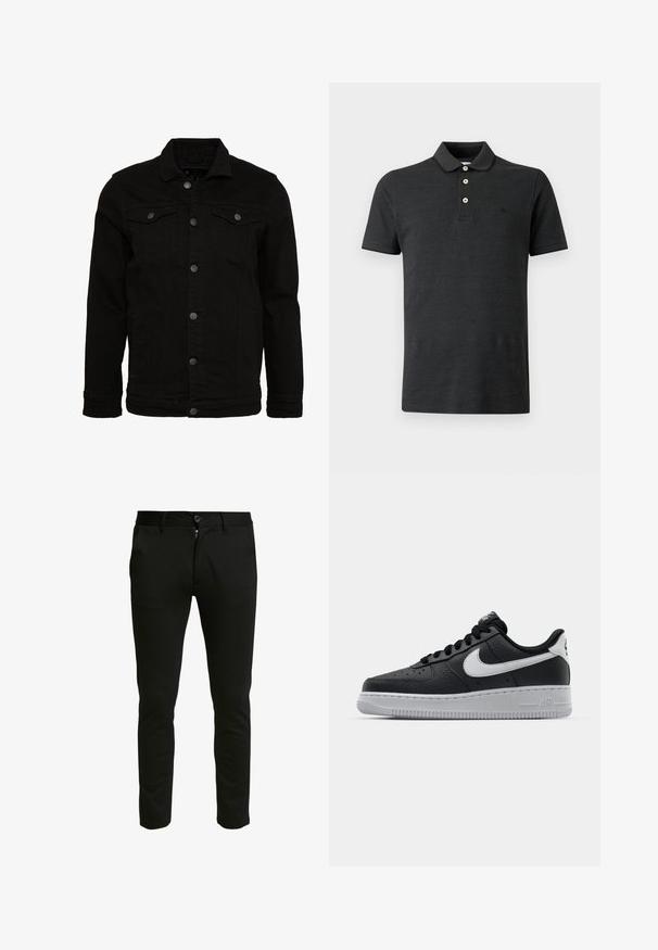 Schwarze Jeansjacke mit klassischem Design, ausgestattet mit Knopfverschluss, zwei Brusttaschen und einer leicht strukturierten Oberfläche.; Schwarzes Poloshirt mit kurzen Ärmeln, drei weißen Knöpfen und einem gerippten Kragen, vor einem einfarbigen hellen Hintergrund dargestellt.; Schwarze, taillierte Hose aus einem weichen Stoff. Mit einem Reißverschluss und einem Knopfverschluss, zwei Eingrifftaschen und einer sauberen, glatten Oberfläche.; Schwarze Ledersneaker mit strukturierten Oberflächen, weißem Nike-Swoosh, grauer Sohle, runder Zehenpartie und Schnürdesign. Verfügt über Perforationen an der Zehenbox.