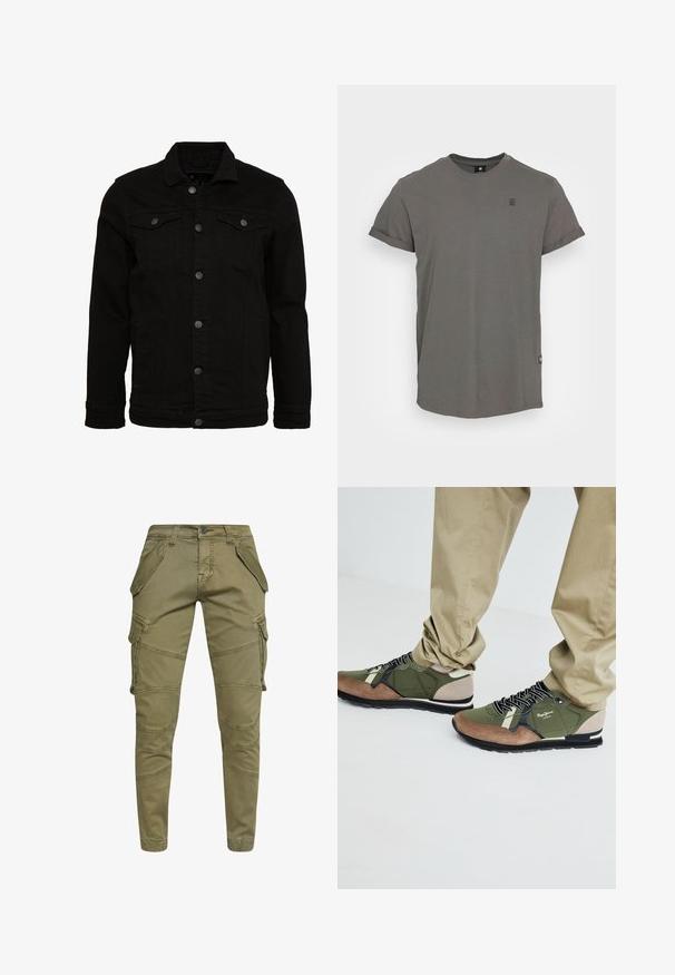 Schwarze Jeansjacke mit klassischem Design, ausgestattet mit Knopfverschluss, zwei Brusttaschen und einer leicht strukturierten Oberfläche.; Graues Baumwoll-T-Shirt, runder Ausschnitt, kurz gerollte Ärmel, leicht gewellter Saum, mit einem kleinen Logo auf der oberen linken Brust.; Olivgrüne Cargo-Hosen aus Baumwollmischung mit mehreren Seitentaschen, schmal zulaufendem Design und detaillierten Nähten entlang der Beine.; Grüne und braune Sportschuhe aus Wildleder und Nylon, mit schwarzen Schnürsenkeln, einem gemusterten Design und einer Gummisohle.