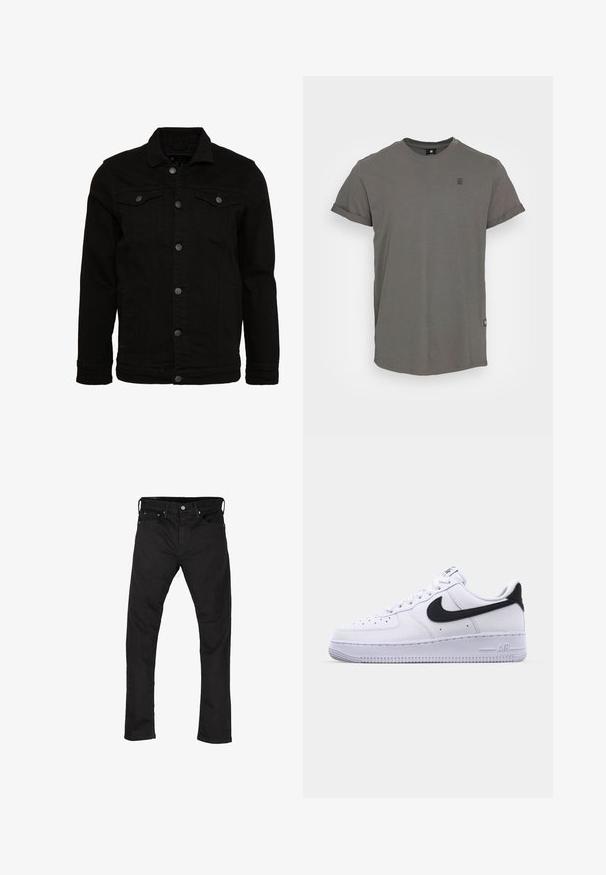 Zwarte denimjas met een klassiek design, voorzien van knoopsluitingen, twee borstzakken en een licht gestructureerd oppervlak.; Grijze katoenen t-shirt, ronde halslijn, korte opgerolde mouwen, licht gebogen zoom, met een klein logo op de bovenste linkerkant van de borst.; Zwarte spijkerbroek van denim met een rechte pijp, vijf zakken en een metalen knoopsluiting. Gladde textuur en uniforme kleur door het hele ontwerp.; Witte leren sneaker met een gestructureerde zwarte Swoosh, platte veters en een rubberen zool met een geribbeld patroon. "AIR" is in de hak geperst.