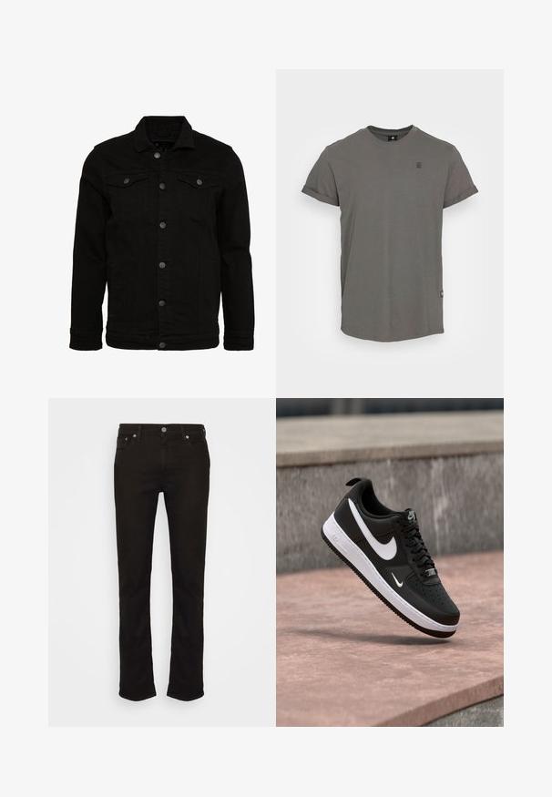 Sort denimjakke med et klassisk design, der har knaplukninger, to brystlommer og en let tekstureret overflade.; Grå bomulds t-shirt, rund halsudskæring, korte opsmøgede ærmer, let buet kant, med et lille logo på den øverste venstre bryst.; Sorte denim jeans med lige ben, der har et klassisk fem-lomme design, metal knaplukning og diskrete syninger.; Sort-hvid Nike Air Force 1 sneaker svævende over en lyserød betonflade med en grå stenbaggrund.