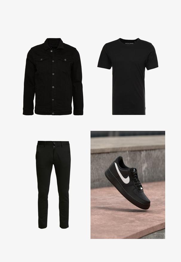 Schwarze Jeansjacke mit klassischem Design, ausgestattet mit Knopfverschluss, zwei Brusttaschen und einer leicht strukturierten Oberfläche.; Schwarzes T-Shirt mit kurzen Ärmeln aus Baumwolle, mit einem Rundhalsausschnitt und einem dezenten Logo-Tag an der Seite. Einfaches und vielseitiges Design.; Schwarze, taillierte Hose aus einem weichen Stoff. Mit einem Reißverschluss und einem Knopfverschluss, zwei Eingrifftaschen und einer sauberen, glatten Oberfläche.; Schwarzer Nike Air Force 1 Sneaker mit weißem Swoosh-Logo, der über einer Steinformation schwebt, vor einem grauen strukturierten Hintergrund.