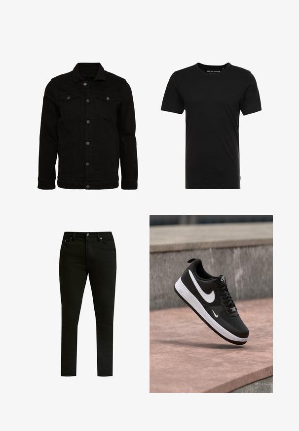 Sort denimjakke med et klassisk design, der har knaplukninger, to brystlommer og en let tekstureret overflade.; Sort t-shirt med korte ærmer lavet af bomuld, med rund hals og en diskret logoetiket på siden. Simpelt og alsidigt design.; Sorte denim jeans med slim fit, med et klassisk fem-lomme design, metalknap lukning og diskrete syninger.; Sort-hvid Nike Air Force 1 sneaker svævende over en lyserød betonflade med en grå stenbaggrund.