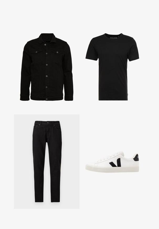 Sort denimjakke med et klassisk design, der har knaplukninger, to brystlommer og en let tekstureret overflade.; Sort t-shirt med korte ærmer lavet af bomuld, med rund hals og en diskret logoetiket på siden. Simpelt og alsidigt design.; Sorte slim-fit jeans med frontknap og lynlås lukning, bæltestropper og to forlommer synlige på en hvid baggrund.; Hvide lædersneakers med sorte ruskindsdetaljer; har en gummisål, rund tå og klassisk snørebåndsdesign. Side logo i sort.
