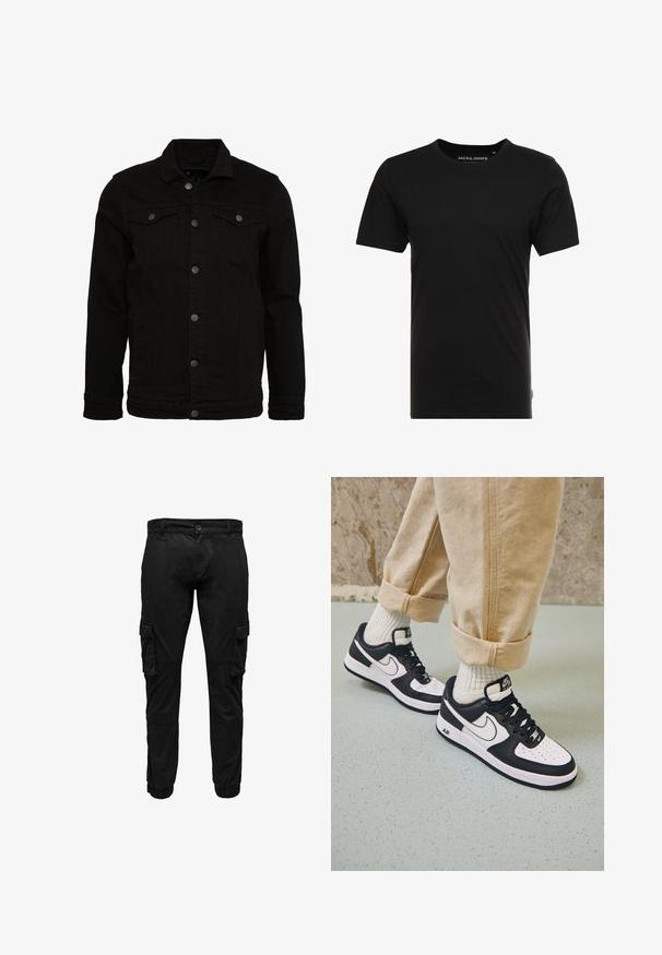Veste en denim noir au design classique, dotée de fermetures à boutons, de deux poches poitrine et d'une surface légèrement texturée.; T-shirt noir à manches courtes en coton, avec un col rond et une étiquette logo discrète sur le côté. Design simple et polyvalent.; Pantalon cargo noir avec poches à rabat latérales, poignets élastiques, fermeture frontale par bouton et fermeture éclair.; Baskets Nike Air Force 1 en noir et blanc avec un dessus en cuir, orteil perforé et détail de semelle texturée, portées avec un pantalon beige retroussé et des chaussettes blanches.