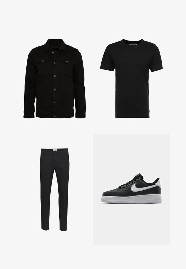 Schwarze Jeansjacke mit klassischem Design, ausgestattet mit Knopfverschluss, zwei Brusttaschen und einer leicht strukturierten Oberfläche.; Schwarzes T-Shirt mit kurzen Ärmeln aus Baumwolle, mit einem Rundhalsausschnitt und einem dezenten Logo-Tag an der Seite. Einfaches und vielseitiges Design.; Schwarze Hosen aus solidem Fabric, mit regulärer Passform, fünf Taschen-Design und Knopfverschluss. Elegant und vielseitig.; Schwarze Ledersneaker mit strukturierten Oberflächen, weißem Nike-Swoosh, grauer Sohle, runder Zehenpartie und Schnürdesign. Verfügt über Perforationen an der Zehenbox.