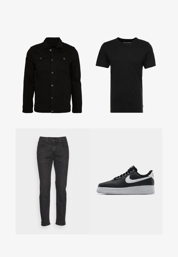 Schwarze Jeansjacke mit klassischem Design, ausgestattet mit Knopfverschluss, zwei Brusttaschen und einer leicht strukturierten Oberfläche.; Schwarzes T-Shirt mit kurzen Ärmeln aus Baumwolle, mit einem Rundhalsausschnitt und einem dezenten Logo-Tag an der Seite. Einfaches und vielseitiges Design.; Schwarze Denim-Jeans mit schlankem Schnitt, ausgestattet mit fünf Taschen, Gürtelschlaufen und subtilen Stitching-Details. Abgenutzte Textur entlang des Stoffes.; Schwarze Ledersneaker mit strukturierten Oberflächen, weißem Nike-Swoosh, grauer Sohle, runder Zehenpartie und Schnürdesign. Verfügt über Perforationen an der Zehenbox.