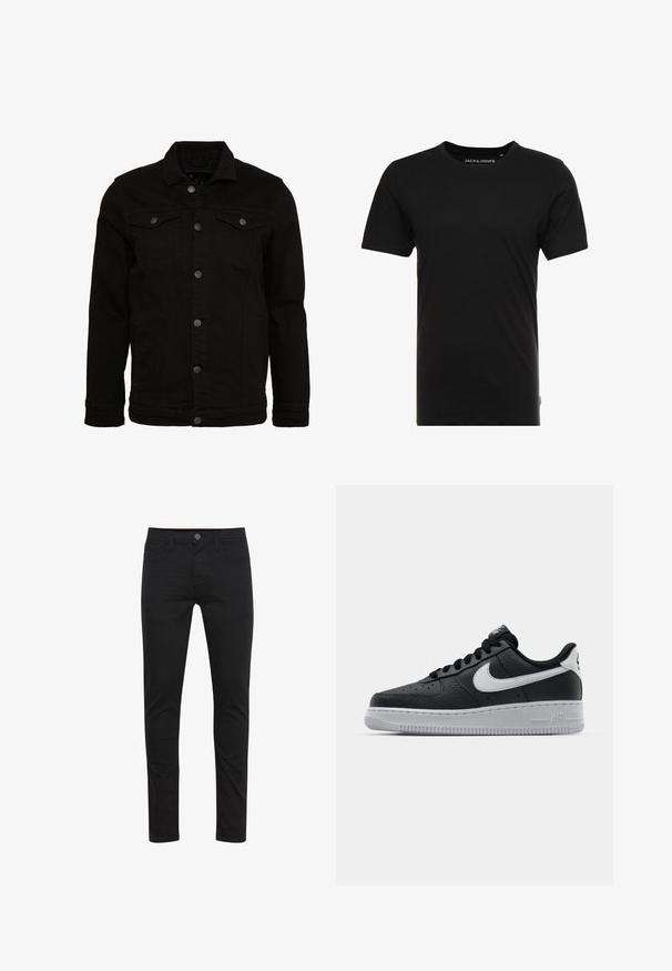 Sort denimjakke med et klassisk design, der har knaplukninger, to brystlommer og en let tekstureret overflade.; Sort t-shirt med korte ærmer lavet af bomuld, med rund hals og en diskret logoetiket på siden. Simpelt og alsidigt design.; Sorte skinny jeans lavet af letvægtsstof med frontknaplukning, fem lommer og diskrete syningsdetaljer.; Sort lædersneaker med tekstureret overflade, hvid Nike swoosh, grå sål, rund tå og snørebåndsdesign. Har perforeringer på tåboksen.