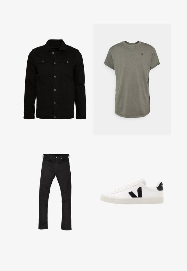 Schwarze Jeansjacke mit klassischem Design, ausgestattet mit Knopfverschluss, zwei Brusttaschen und einer leicht strukturierten Oberfläche.; G-STAR LASH - T-Shirt basic - GREY; Schwarze Denim-Jeans mit geradem Bein, im Fünf-Taschen-Stil und mit Metallknopfverschluss. Glatte Textur und einheitliche Farbe im gesamten Material.; Weiße Leder-Sneaker mit schwarzen Wildlederelementen; verfügen über eine Gummisohle, eine runde Spitze und ein klassisches Schnürdesign. Seitliches Logo in Schwarz.