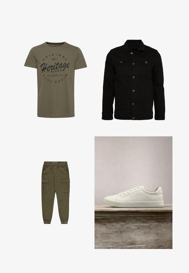 Schwarze Jeansjacke mit klassischem Design, ausgestattet mit Knopfverschluss, zwei Brusttaschen und einer leicht strukturierten Oberfläche.; Olivgrünes Baumwoll-T-Shirt mit rundem Halsausschnitt, mit schwarzem Drucktext: "Original Nr. 1 Heritage Blend Fordere Deine Rechte" in einem kreisförmigen Design.; Olivegrüne Cargohose aus Baumwollmischung mit elastischem Bund, mehreren Fronttaschen und verjüngten Bündchen an den Knöcheln.; Weiße Schnürsneaker, die über einer Holzbank mit grünem Laub im Hintergrund schweben und das Schuhdesign sowie die Textur zeigen.