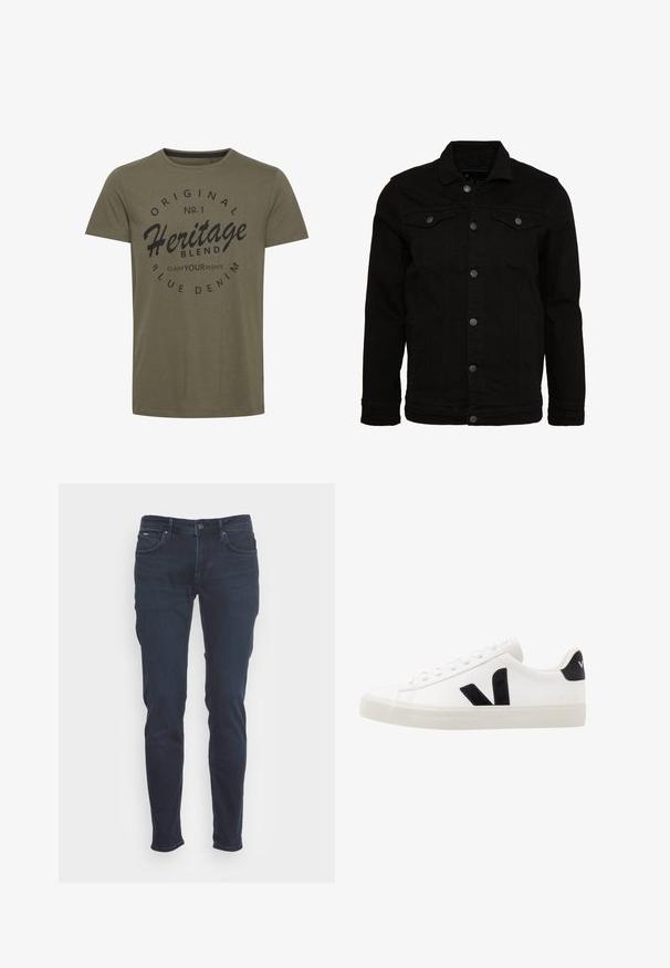 Veste en denim noir au design classique, dotée de fermetures à boutons, de deux poches poitrine et d'une surface légèrement texturée.; T-shirt en coton vert olive avec un col rond, comportant un texte imprimé noir : "Original No. 1 Heritage Blend Claim Your Rights" dans un design circulaire.; Jean bleu foncé à coupe ajustée. Fabriqué en denim, avec une fermeture à bouton et zip, cinq poches et des détails de couture subtils.; Sneaker blanche en cuir avec des accents en daim noir ; dispose d'une semelle en caoutchouc, d'un bout rond et d'un design classique à lacets. Logo latéral en noir.