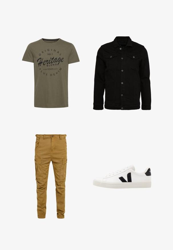 Veste en denim noir au design classique, dotée de fermetures à boutons, de deux poches poitrine et d'une surface légèrement texturée.; T-shirt en coton vert olive avec un col rond, comportant un texte imprimé noir : "Original No. 1 Heritage Blend Claim Your Rights" dans un design circulaire.; Pantalons cargo kaki en coton robuste, dotés de plusieurs poches latérales, d'une fermeture à bouton et d'un design de jambe légèrement fuselée.; Sneaker blanche en cuir avec des accents en daim noir ; dispose d'une semelle en caoutchouc, d'un bout rond et d'un design classique à lacets. Logo latéral en noir.