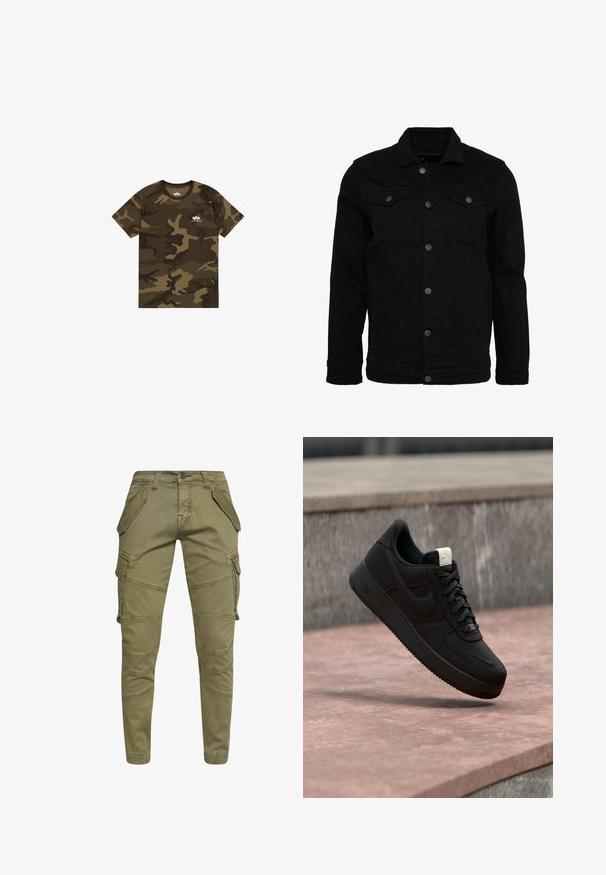 Veste en denim noir au design classique, dotée de fermetures à boutons, de deux poches poitrine et d'une surface légèrement texturée.; T-shirt camouflage en vert olive, marron et noir, à manches courtes, col rond, avec un petit logo blanc sur la poitrine. Matière en coton doux.; Pantalons cargo vert olive en mélange de coton, dotés de plusieurs poches latérales, avec une coupe fuselée et des coutures détaillées le long des jambes.; Baskets Nike Air Force 1 noires flottant au-dessus d’un rebord en béton rose avec un fond en pierre grise, montrant des détails latéraux et supérieurs.