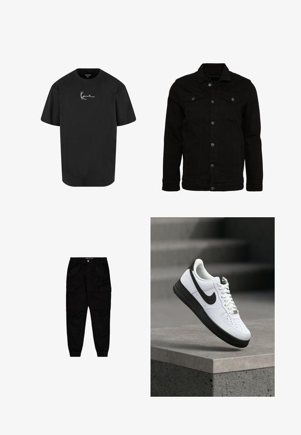 Veste en denim noir au design classique, dotée de fermetures à boutons, de deux poches poitrine et d'une surface légèrement texturée.; T-shirt en coton noir à manches courtes, col rond, avec un logo signature blanc imprimé à l'avant. Texture lisse et coupe décontractée.; Pantalons cargo noirs en coton, dotés de deux poches avant et de deux poches cargo sur les côtés, avec des poignets et une taille élastiqués.; Baskets en cuir blanc avec accents noirs, bout arrondi et détails perforés. Semelle en caoutchouc noire avec motif texturé et fermeture à lacets.