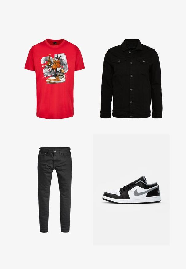 Chaqueta de mezclilla negra con un diseño clásico, cuenta con un cierre de botones, dos bolsillos en el pecho y una superficie ligeramente texturizada.; Camiseta de algodón roja con un gráfico que presenta un balón de baloncesto, una zapatilla y el texto "TRABAJA DURO SUEÑA EN GRANDE". El diseño incluye acentos en negro y naranja.; Jeans negros ajustados con bolsillos frontales, cinturas y cierre de botón, exhibidos sobre un fondo blanco.; Jordan AIR JORDAN 1 - Zapatillas - black/particle grey-white