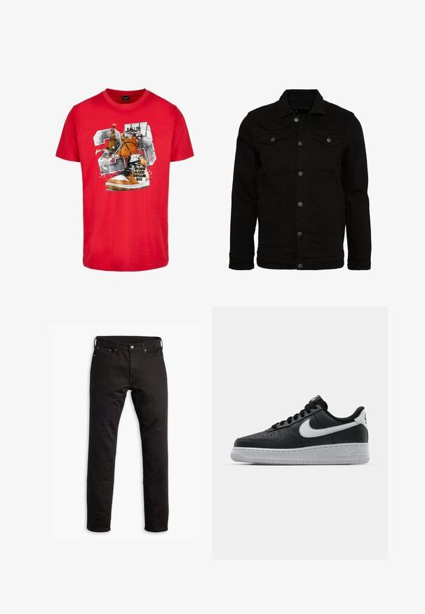 Zwarte denimjas met een klassiek design, voorzien van knoopsluitingen, twee borstzakken en een licht gestructureerd oppervlak.; Rode katoenen t-shirt met een grafisch ontwerp van een basketbal, sneaker en de tekst "HARD WERKEN GROTE DROMEN." Het ontwerp bevat zwarte en oranje accenten.; Zwarte denimjeans met een rechte pasvorm, zijzakken en een knoopsluiting. De stof heeft een soepele textuur en minimale details.; Zwarte lederen sneaker met een textuur oppervlak, witte Nike swoosh, grijze zool, ronde neus en vetersluiting. Bevat perforaties op de neus.