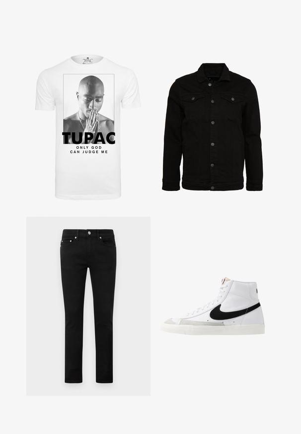 Sort denimjakke med et klassisk design, der har knaplukninger, to brystlommer og en let tekstureret overflade.; Hvid bomulds t-shirt med en sort-hvid grafik af en mand, der holder hænderne sammen i bøn, med teksten "TUPAC" og "ONLY GOD CAN JUDGE ME."; Sorte tætsiddende jeans med fem lommer, metalknap og bæltestropper, præsenteret fladt på en hvid baggrund.; Hvide høje sneakers med et sort swoosh, struktureret grå tåhætte og flad hvid sål. Har seks snørrehuller og syede detaljer.