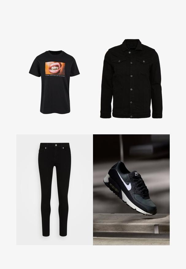 Sort denimjakke med et klassisk design, der har knaplukninger, to brystlommer og en let tekstureret overflade.; Sort bomulds t-shirt med et grafik af en åben mund med guld tænder og pink læber samt hvid tekst nedenunder på en farverig baggrund.; Sorte skinny jeans med en glat tekstur, fem lommer, frontlukning med knap og en slank silhuet. Minimalistisk stil uden synlige mønstre.; Sort og grå Nike Air Max sneaker med hvid swoosh, ophængt over en betongulv mod en sløret mørk baggrund.