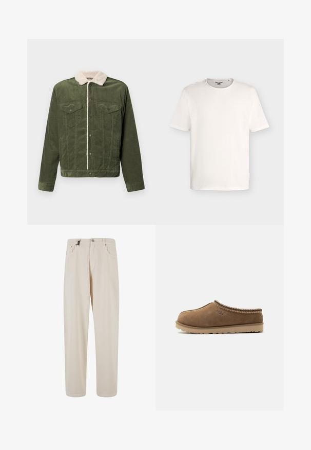 Veste en velours côtelé vert avec un col en polaire crème, dotée de deux poches poitrine, de boutons-pression et d'une surface texturée.; T-shirt blanc uni à manches courtes avec col rond, avec une petite étiquette de marque à l’intérieur du col et une étiquette latérale.; Pantalons en coton beige au design droit, avec poches avant et fermeture à bouton. Texture lisse avec un minimum de détails.; Chausson en daim marron à enfiler avec finition tressée et semelle texturée, avec logo UGG sur le côté.