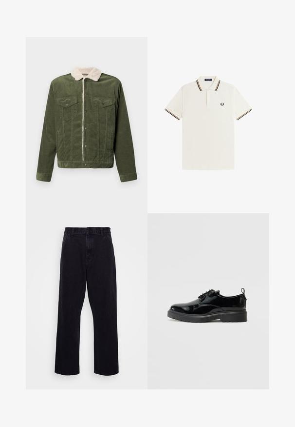 Chaqueta de pana verde con un cuello de forro polar color crema, que presenta dos bolsillos en el pecho, botones a presión y una superficie texturizada.; Polo blanco de manga corta con cuello y puños a rayas negras y marrones, tapeta con dos botones y pequeño logo de laurel negro en el pecho.; Pantalones de mezclilla negros con un diseño de pierna recta, que cuentan con un cierre de botón y cremallera, presillas para cinturón y detalles de costura mínimos.; Zapato de charol negro con cordones, suela de goma gruesa y tira en el talón, mostrado desde el lado interno sobre un fondo blanco.
