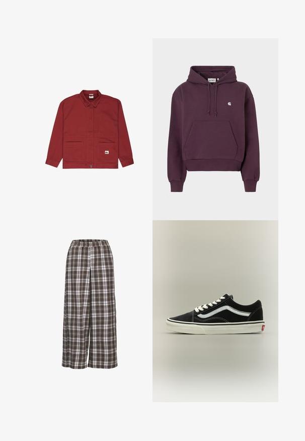 Rood, zwaar katoenen jack met een kraag, twee grote zakken aan de voorkant en een borstzak. Voorzien van een knoopsluiting en logodetail.; Paarse katoenen hoodie met een voorkantzak, capuchon met trekkoord en logodetail op de borst. Voorzien van geribbelde manchetten en zoom. Losse pasvorm.; Brede geruite broek in bruin, wit en grijs; elastische tailleband; zacht materiaal; heeft een klassiek ruitpatroon.; Zwarte lage sneaker met witte veters, witte zijstreep en witte zool met rode branding op de hak, getoond in zijaanzicht op een neutrale achtergrond.