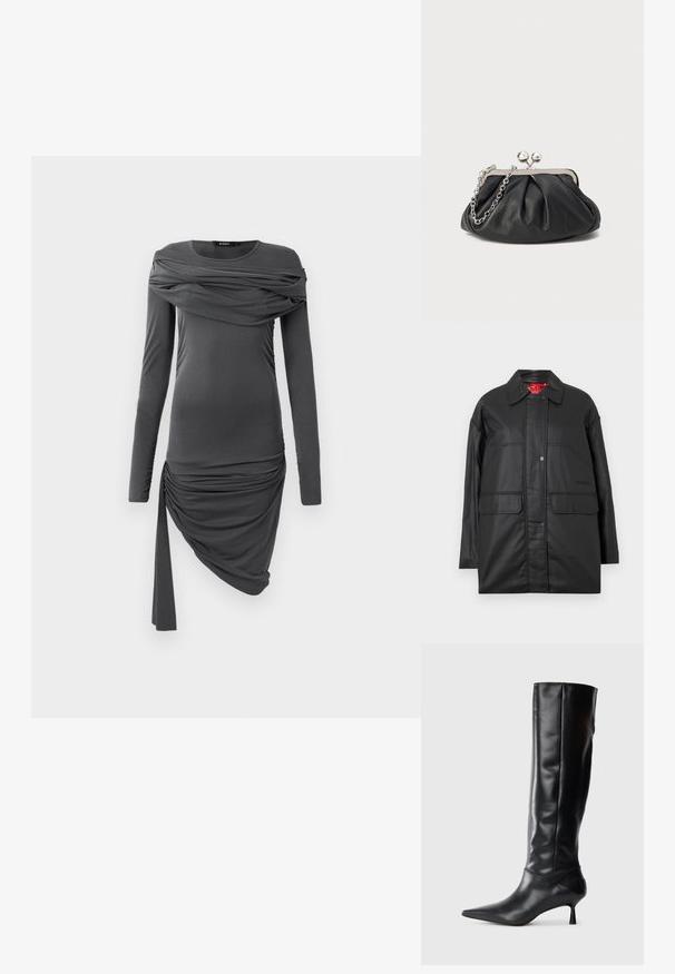 Abrigo negro de gran tamaño hecho de material liso. Cuenta con bolsillos delanteros y cierres de broche. El interior está forrado en rojo con una etiqueta de logo.; Vestido ajustado de manga larga en gris oscuro con tela drapeada en el pecho y falda asimétrica con frunces y una cinta colgante en un lado.; Bota de cuero negra hasta la rodilla con punta afilada y tacón delgado curvado. Textura suave, diseño ajustado y sin hardware ni patrones visibles.; Clutch de cuero negro con textura arrugada, marco de metal en tono plateado, cierre de beso y cadena para colgar. Superficie suave y lisa.